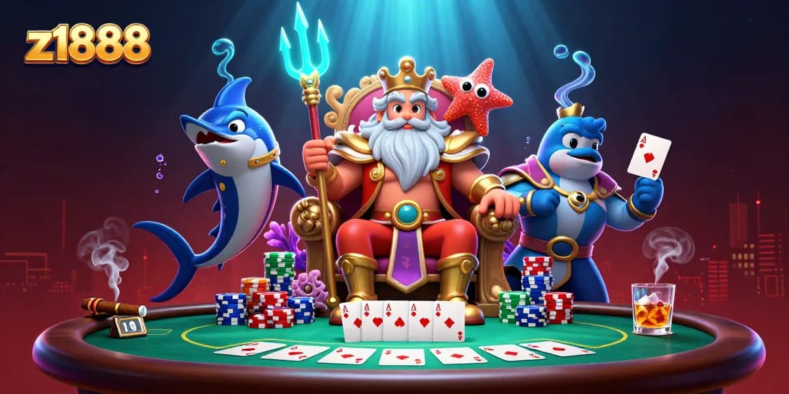 Experience the thrill of poker at z1888 with Neptune and his samurai surrounded by vibrant casino elements.