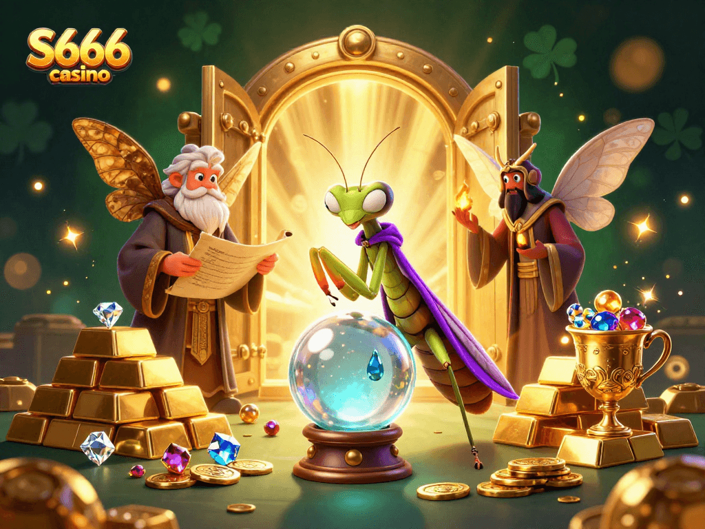 Experience S666 casino magic with a mystical fortune teller and wise moth, surrounded by treasure.