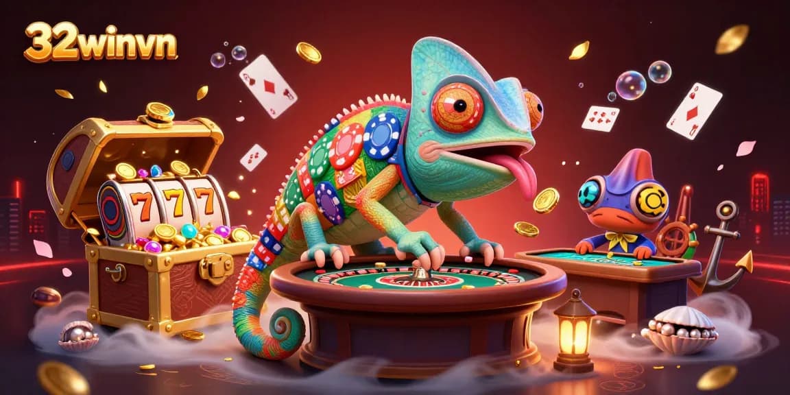 Experience thrilling gameplay at 32winvn with a vibrant illustration of a chameleon casino owner and game elements