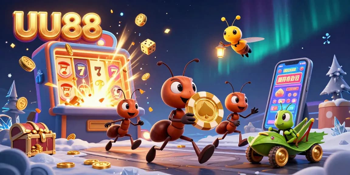 Experience excitement at UU88 as ants carry a giant poker chip through a vibrant casino scene filled with dynamic games.