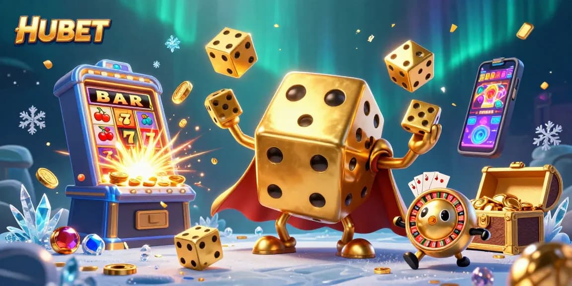Experience thrilling gameplay with HUBET’s vibrant illustration of casino action featuring golden dice and jackpot highlights.