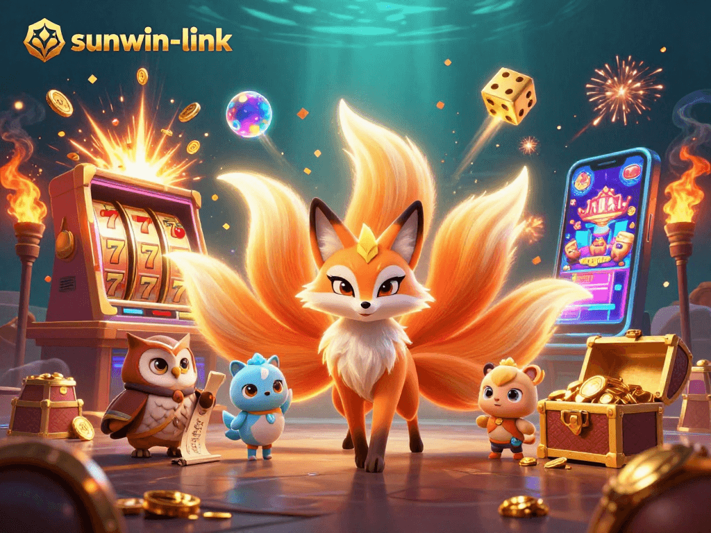 Win big with sunwin-link at a vibrant casino scene featuring slot machines and spirited characters.