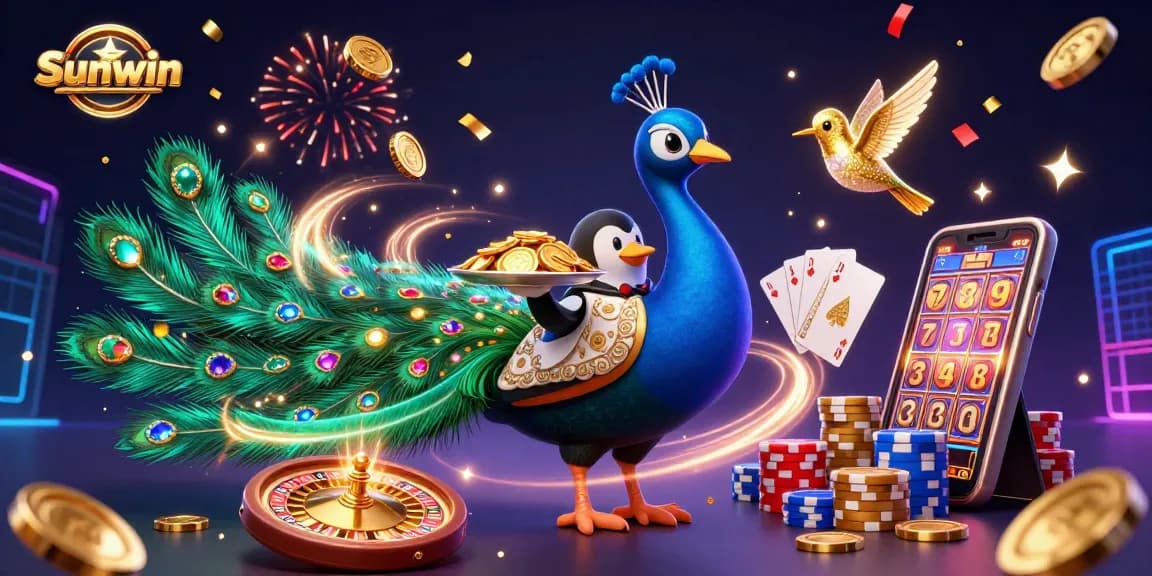 Sunwin showcases a vibrant casino scene with a peacock, penguin and hummingbird among sparkling gems and golden coins.