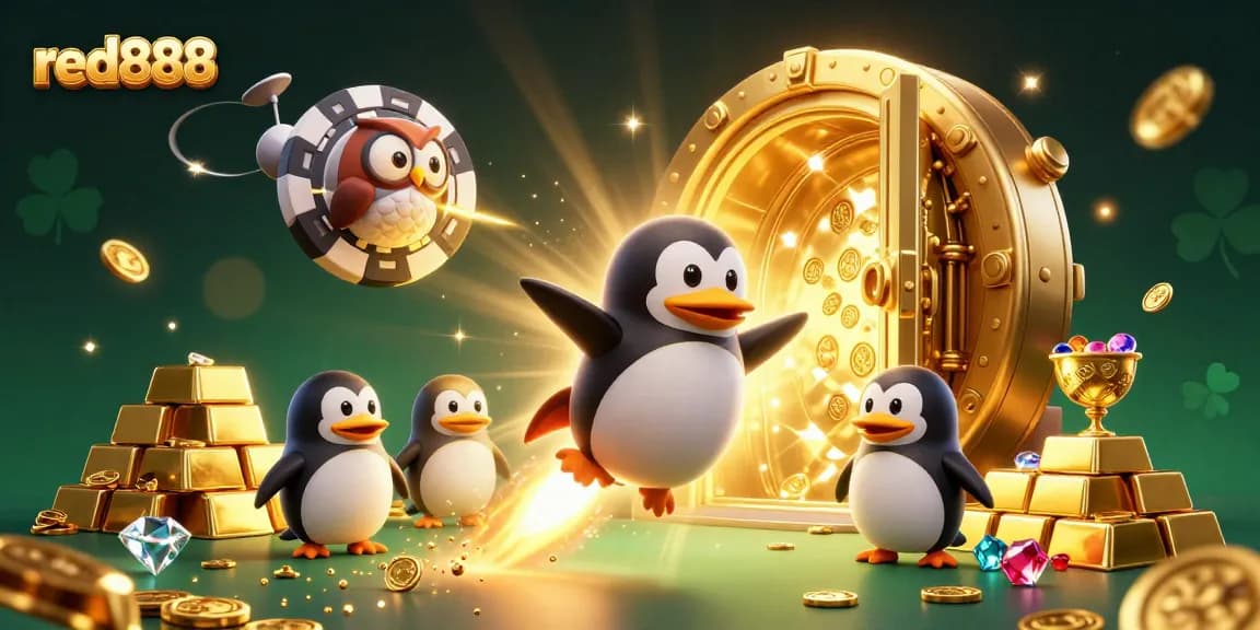 Engage in excitement with red888 as the golden penguin flies past treasures and a casino spaceship.
