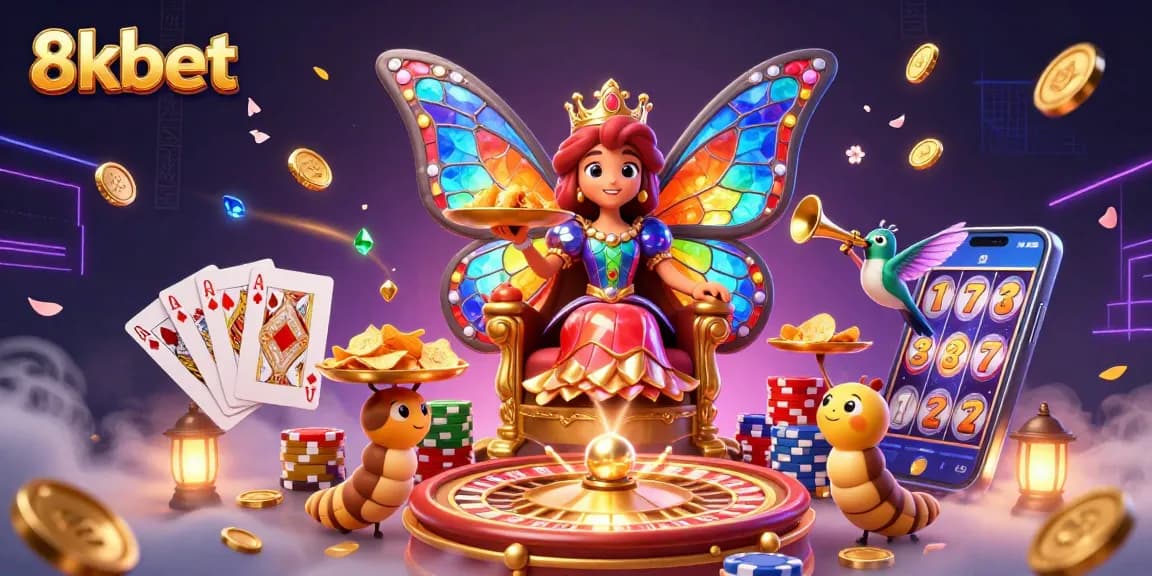 Experience thrilling gaming excitement at 8kbet with vibrant casino elements and enchanting characters.