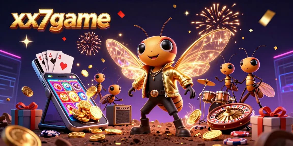 Engage with xx7game's vibrant gambling universe featuring a cicada rock star and dynamic game elements.