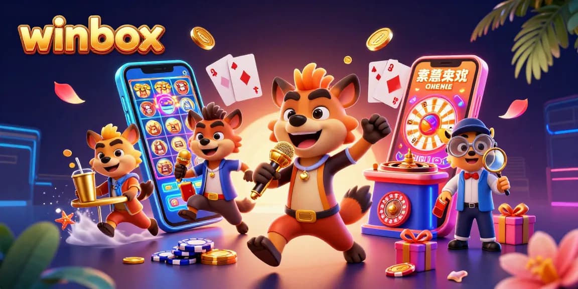 Winbox hyenas entertain at a comedy casino, featuring slot games and vibrant action.