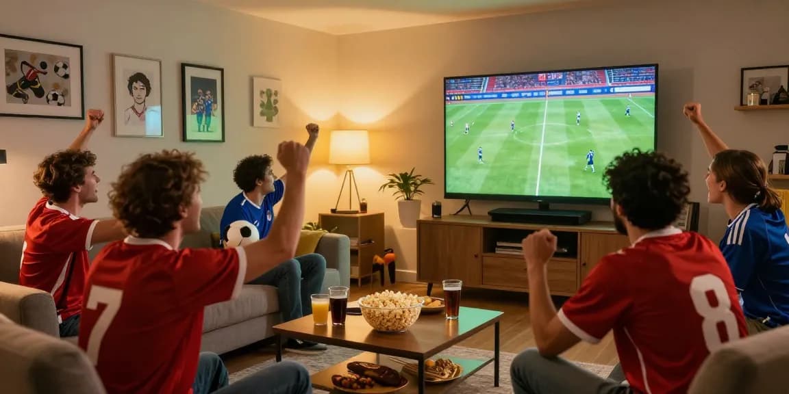 Football fans engaging in a koora live match, cheering together with snacks.