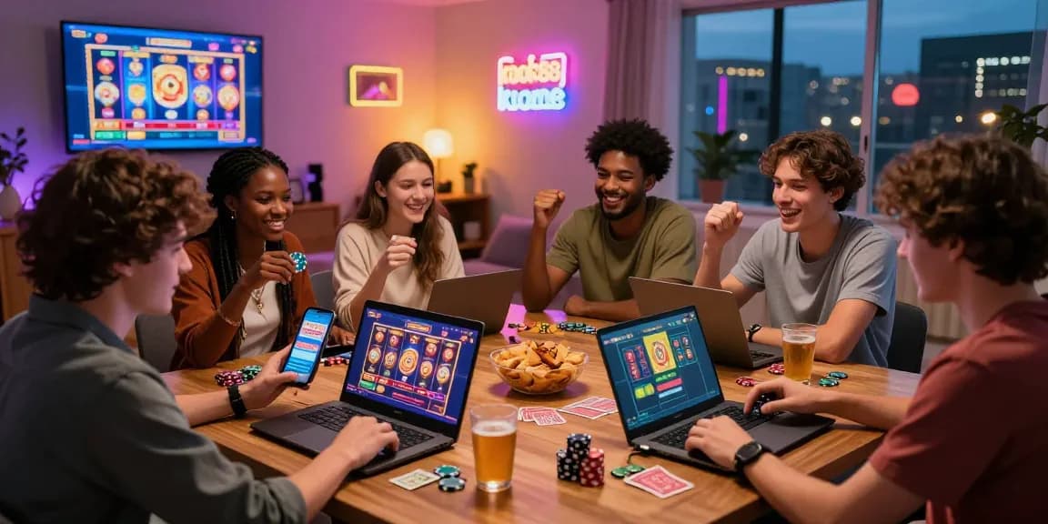Friends celebrating wins while using rokok88 slot login during game night.