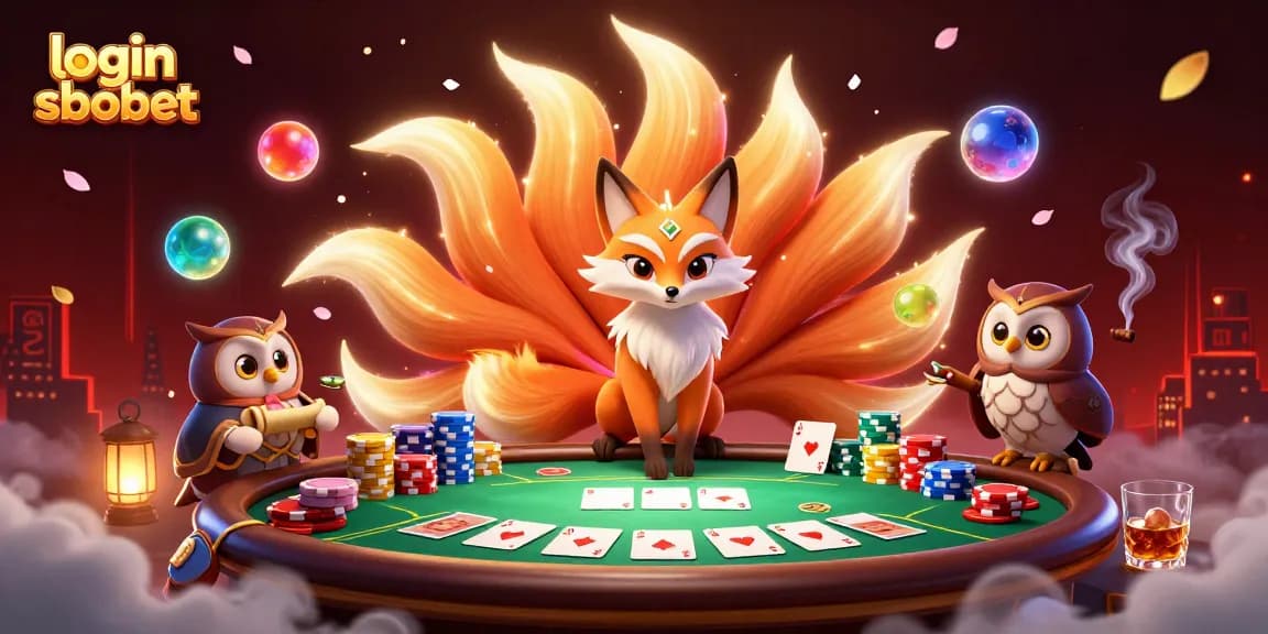 Engage in exciting gameplay with login sbobet at the vivid poker table surrounded by colorful magical elements.