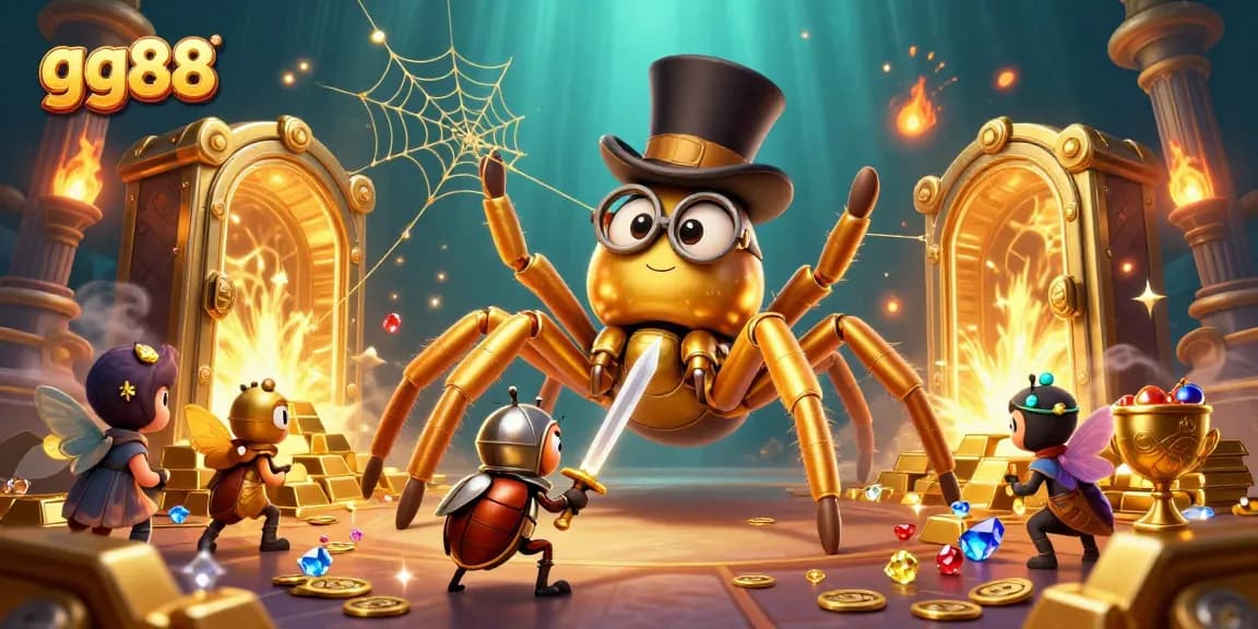 Experience thrilling gaming at gg88 with a golden tarantula weaving fortunes amidst treasure and excitement.