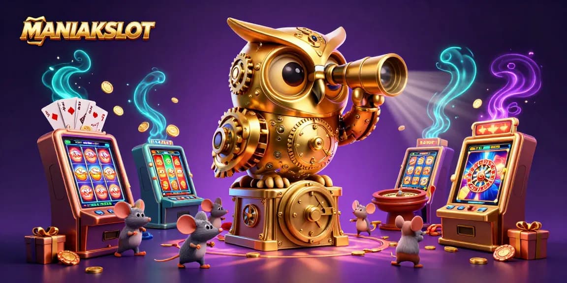 Spin the reels at MANIAKSLOT with our vibrant casino illustration of golden owl and slot games.