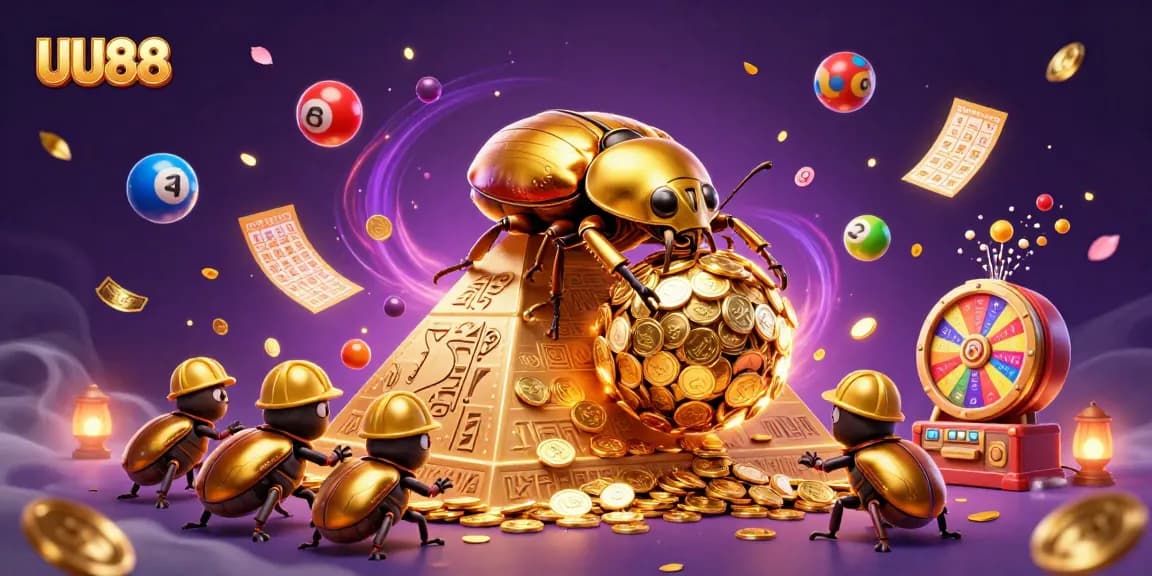 Play at UU88 and explore vibrant lottery balls, golden coins, and exciting casino symbols.