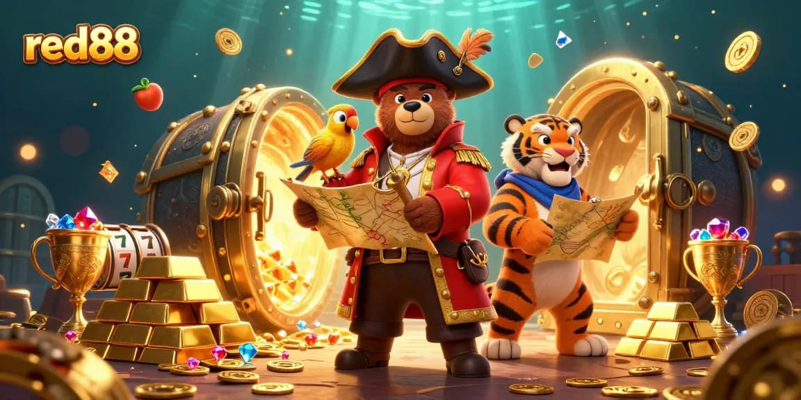 Join the adventure with red88 in this vibrant casino scene featuring a pirate and treasures!