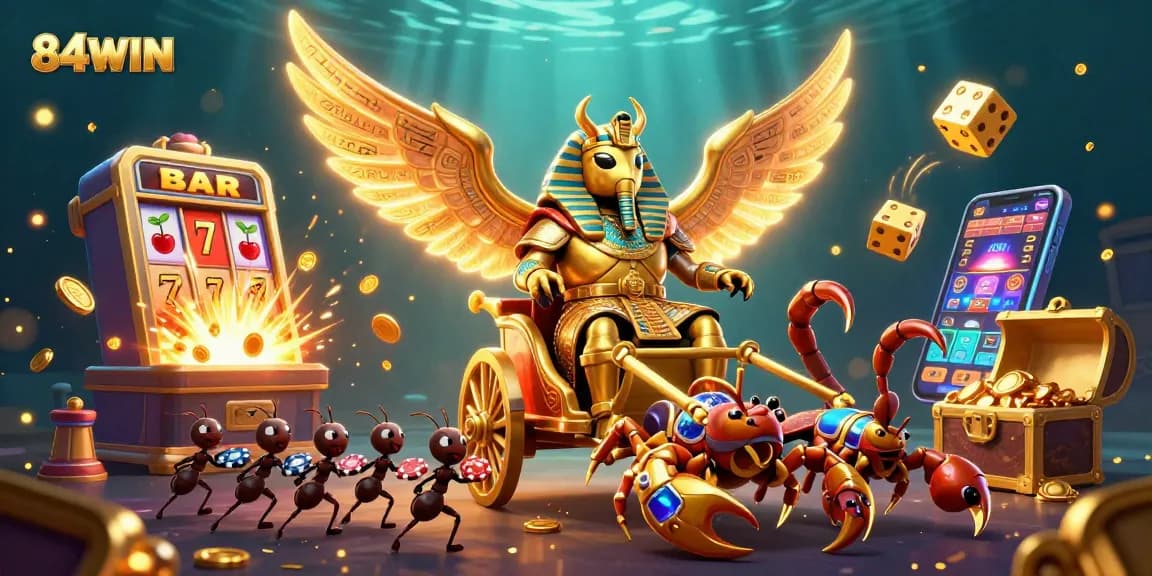 Experience 84WIN's vibrant gaming universe with an epic 3D casino illustration.