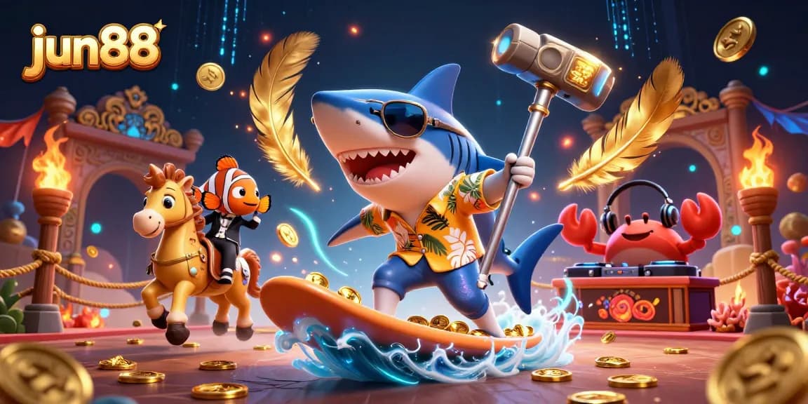 Watch jun88's exciting casino action with vibrant graphics and thrilling characters in this detailed illustration.