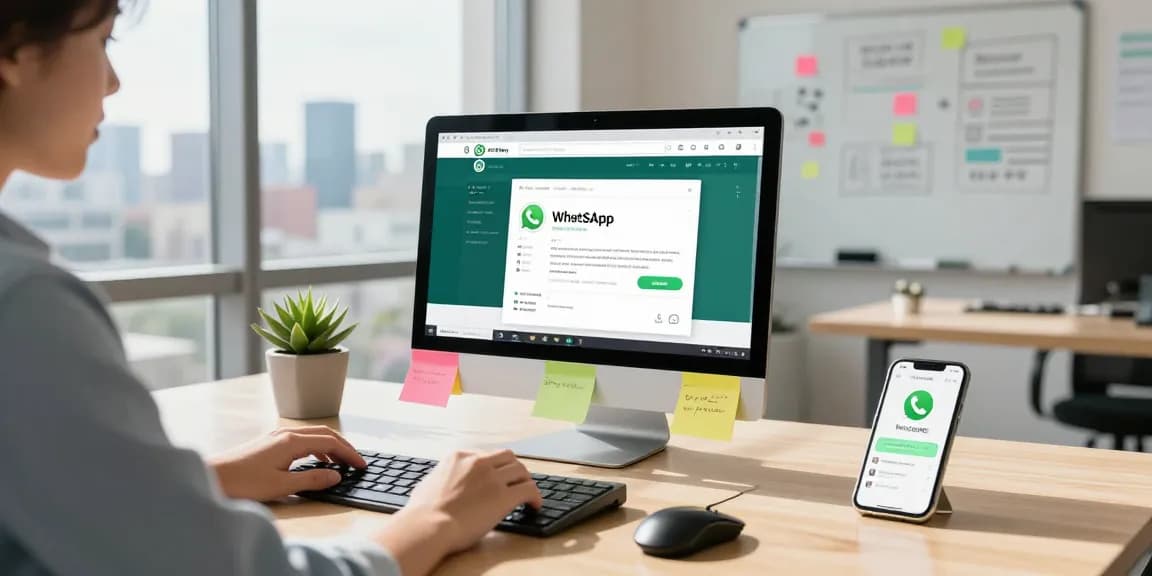User engaging with WhatsApp網頁版 on a laptop in a modern office.
