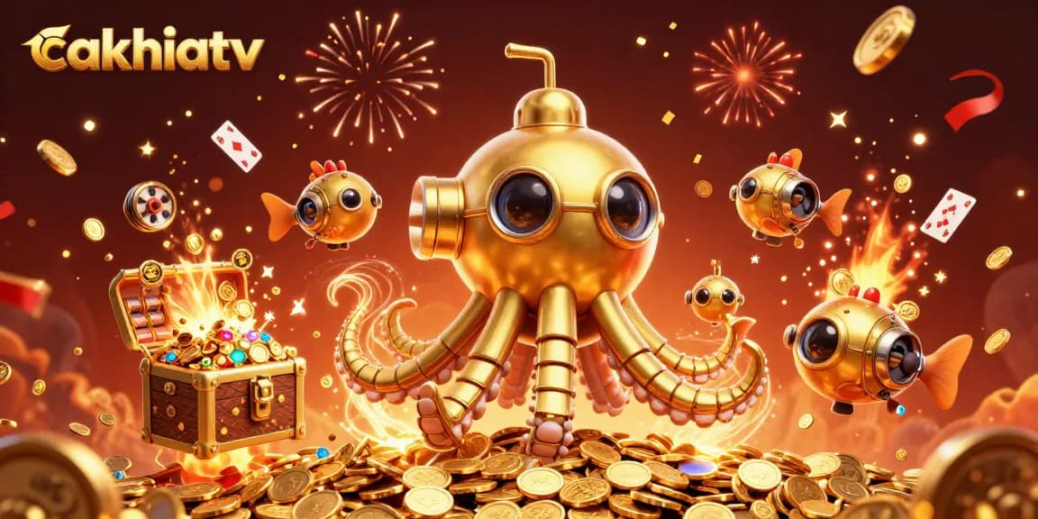 CakhiaTV provides an engaging gaming experience with a dynamic golden kraken submarine surrounded by colorful gaming elements.