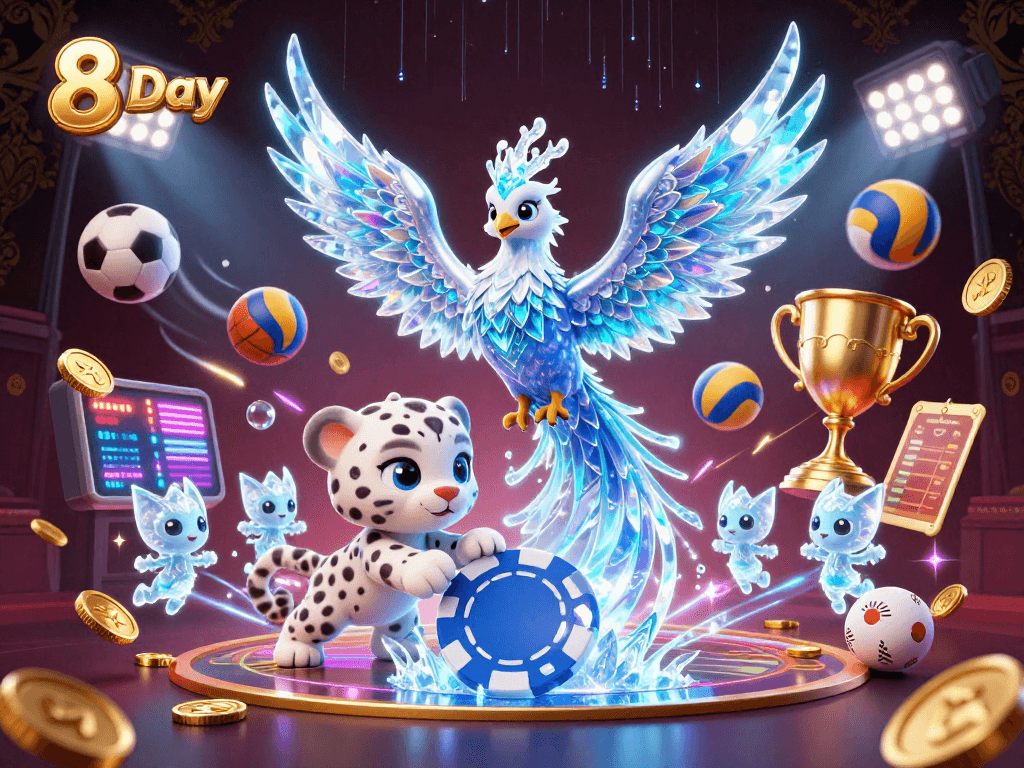 Experience thrilling gameplay with 8 Day as an ice phoenix and spirited characters come alive in a vibrant casino scene.