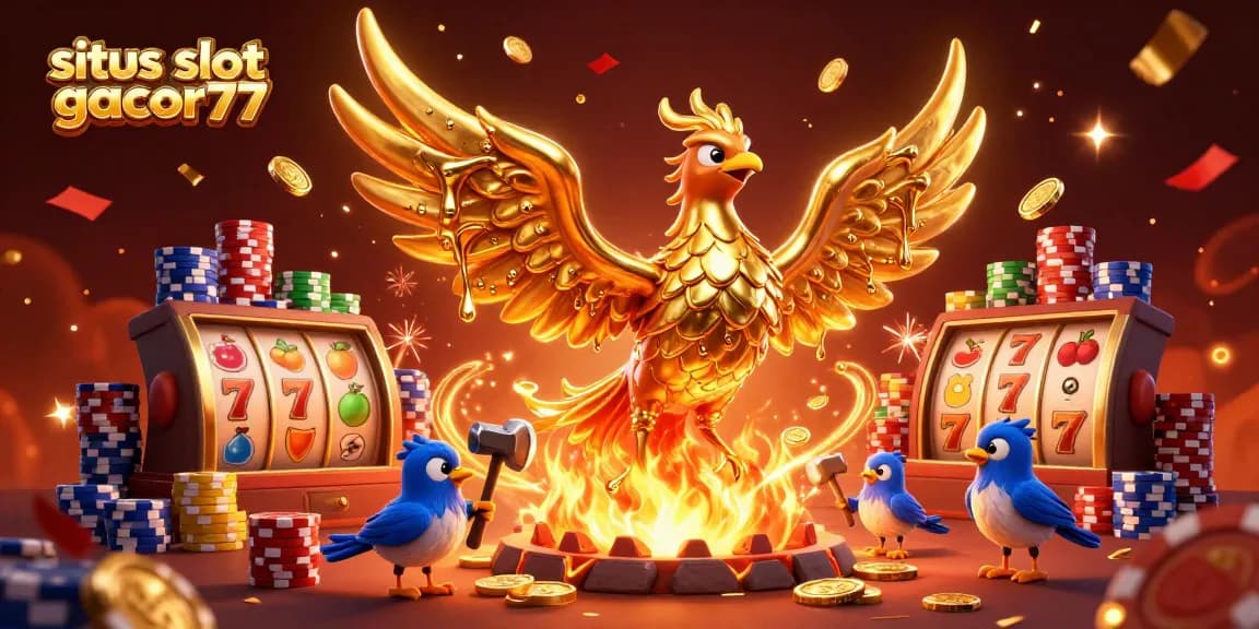 Experience the excitement at situs slot gacor77 with vibrant slot reels and a dazzling golden phoenix.