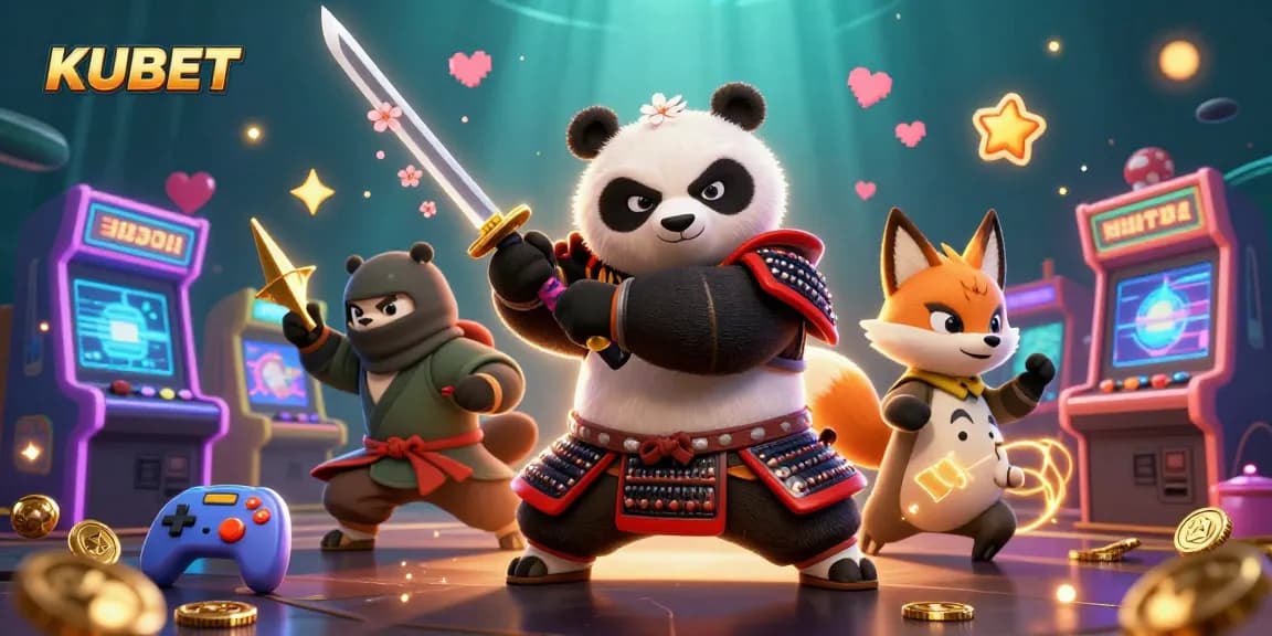 KUBET samurai panda and ninja fox celebrate casino games amidst golden shuriken and glowing arcade machines