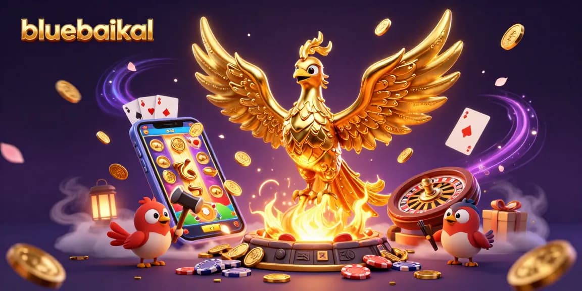 Engage with bluebaikal's vibrant 3D illustrated casino scene featuring a golden phoenix and dynamic gaming elements.