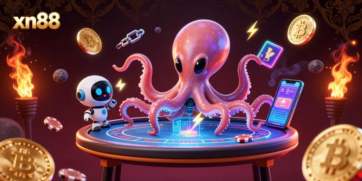Join the excitement at xn88 as the alien octopus plays poker, surrounded by vibrant crypto elements.