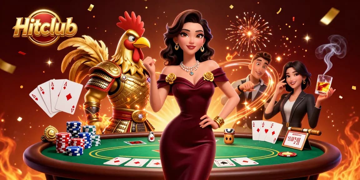 Hitclub showcases a glamorous gaming scene with vibrant characters, poker elements, and casino ambiance.