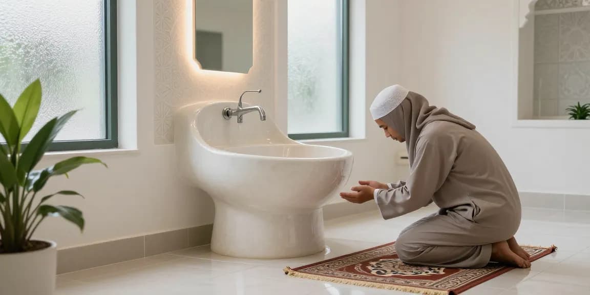 Ablution wash basin in a serene mosque setting with integrated faucet and natural light.