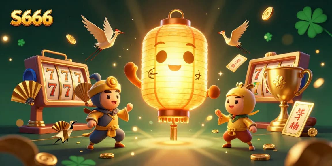 S666 slot game scene featuring a radiant golden lantern spirit immersed in vibrant casino elements and lucky symbols.