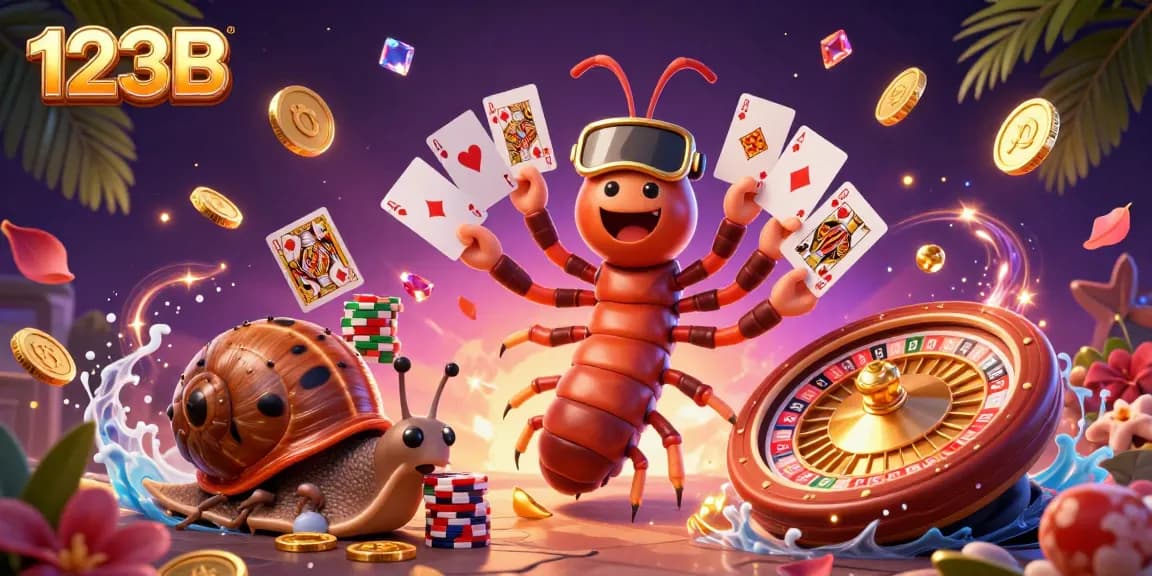 Engage in thrilling gaming adventures at 123B with vibrant characters, golden coins, and a dynamic casino atmosphere.