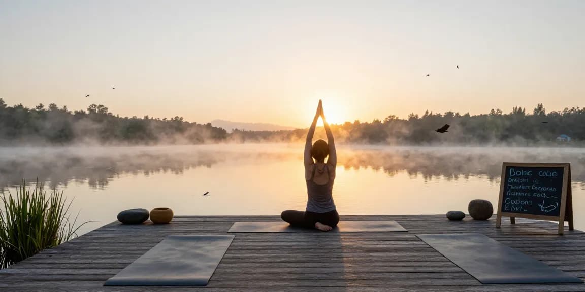 Explore serene yoga practices at https://stefancamilleriyoga.com by the tranquil lake at dawn.