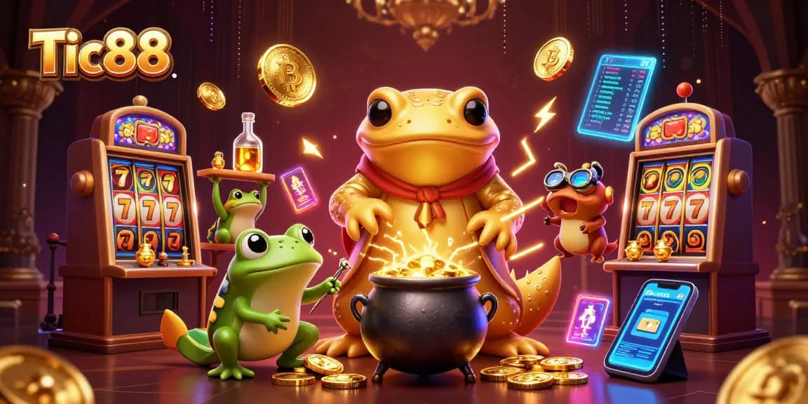 Tic88 offers engaging slot games with a golden salamander alchemist surrounded by winning symbols and crypto coins.