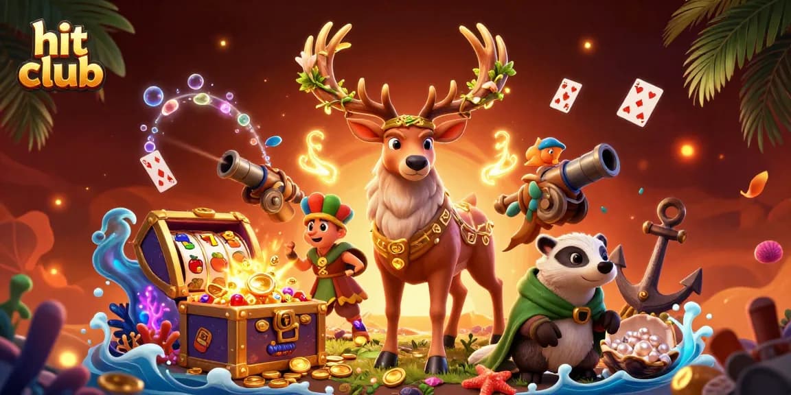 Engage with hit club's thrilling slot games featuring vibrant 3D characters amid shimmering treasures and playful elements.