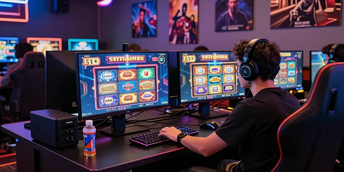 Player enjoying situs slot games in a lively virtual casino setup with vibrant graphics and immersive gaming elements.