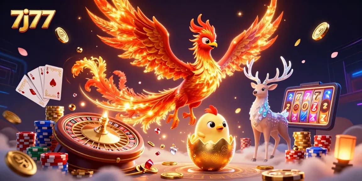 Experience the excitement of 7j77 with vibrant casino elements including phoenixes and golden coins.