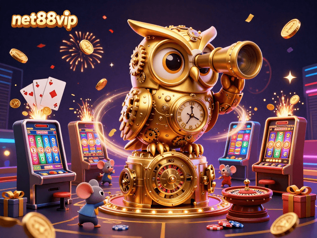 Engage with net88vip's vibrant casino scene, featuring a clockwork owl and animated gaming elements.