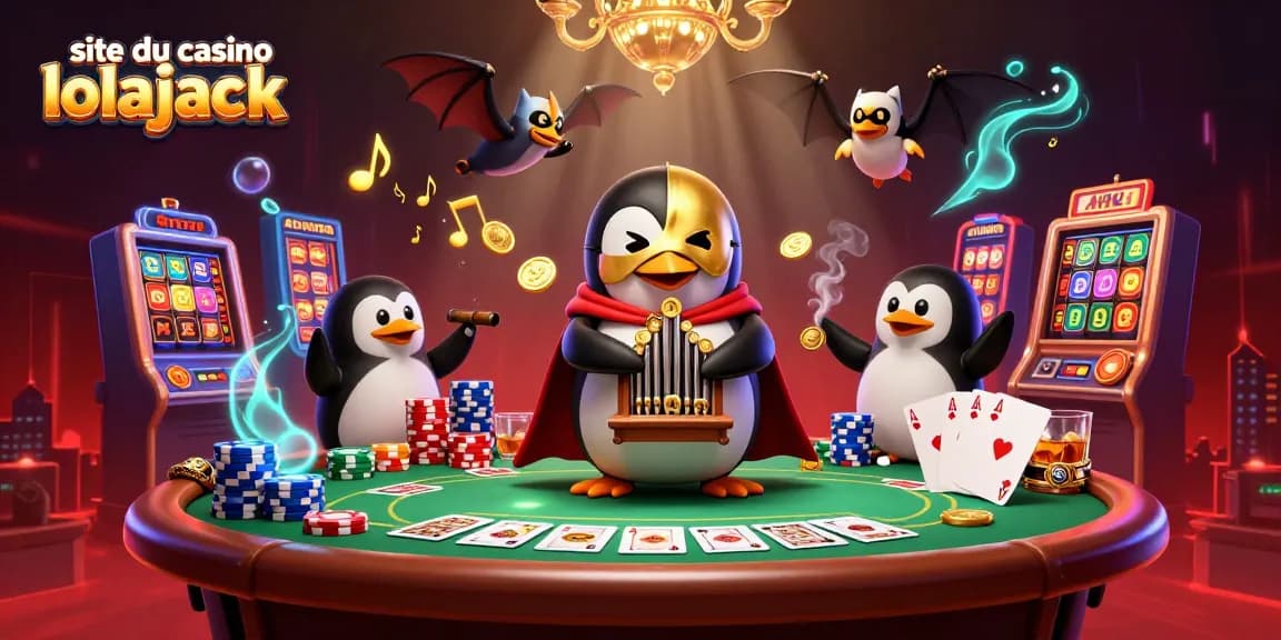 Experience the thrill at site du casino lolajack with exciting 3D illustration of a penguin organ player surrounded by vibrant casino elements.