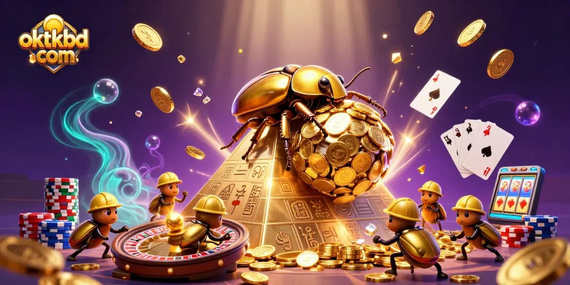 Engage with the vibrant world of oktkbd com featuring golden beetles, coins, and thrilling casino elements.