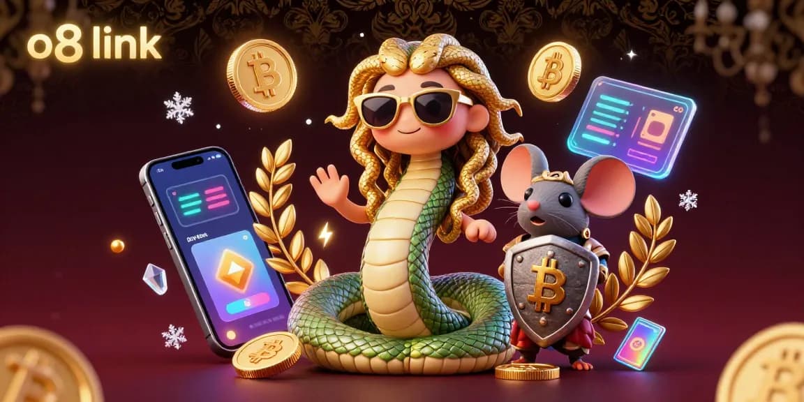This vibrant scene showcases the o8 link surrounded by charming Medusa, a warrior mouse, and crypto elements, enhancing your gaming experience.