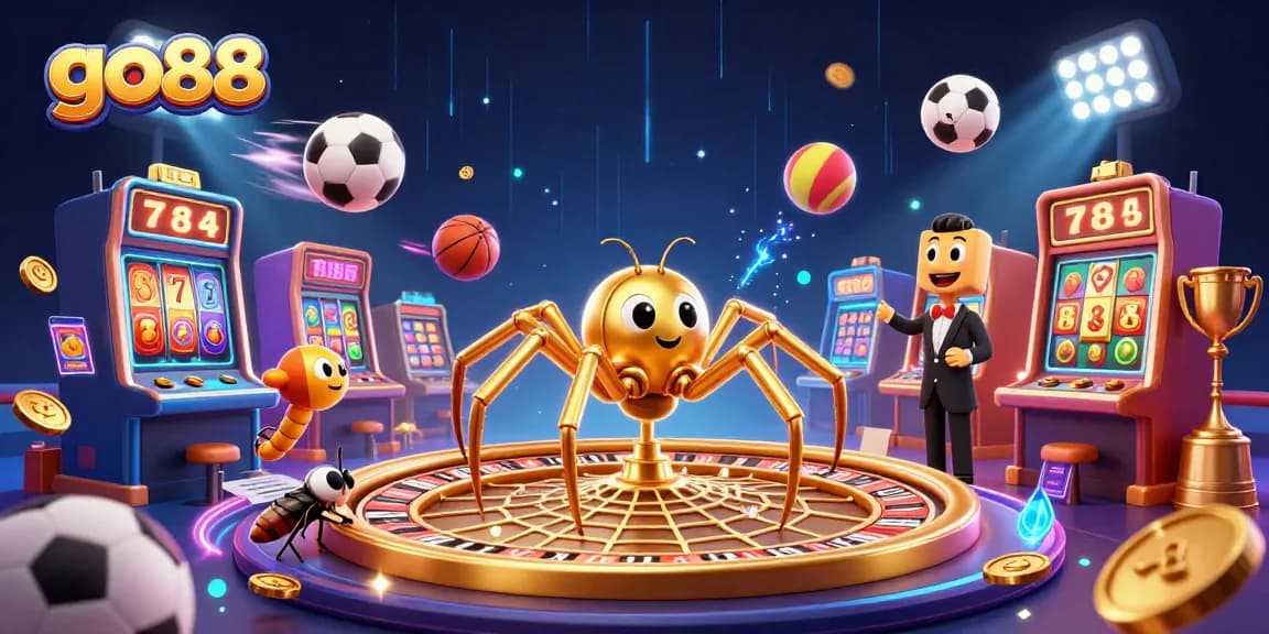 Experience the thrill of go88 as a golden spider spins a roulette wheel web, a unique casino illustration.