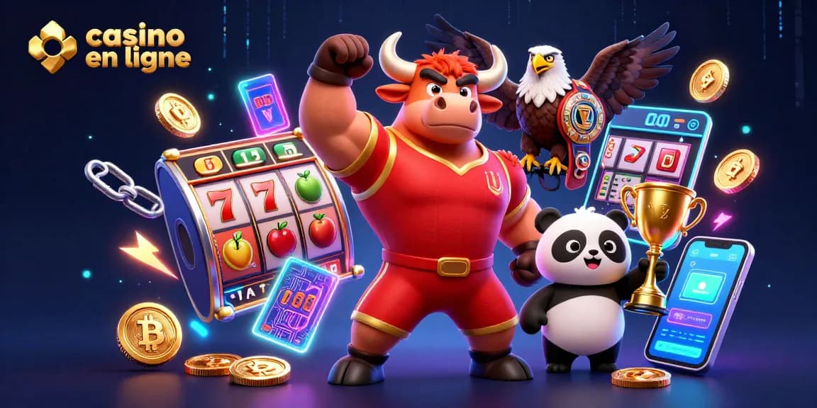 Jouez à des jeux de casino en ligne avec un bull mascotte, un aigle, et un panda dans une illustration dynamique.