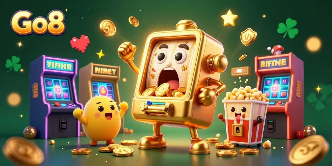 Watch the Go8 slot machine hitting jackpots and celebrating amidst a vibrant casino scene of thrills.