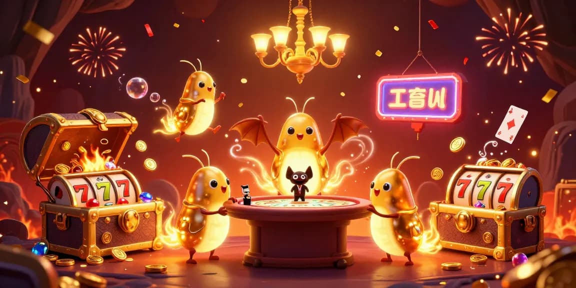 Experience judi slot excitement with lively glowworms in a vibrant 3D casino scene.