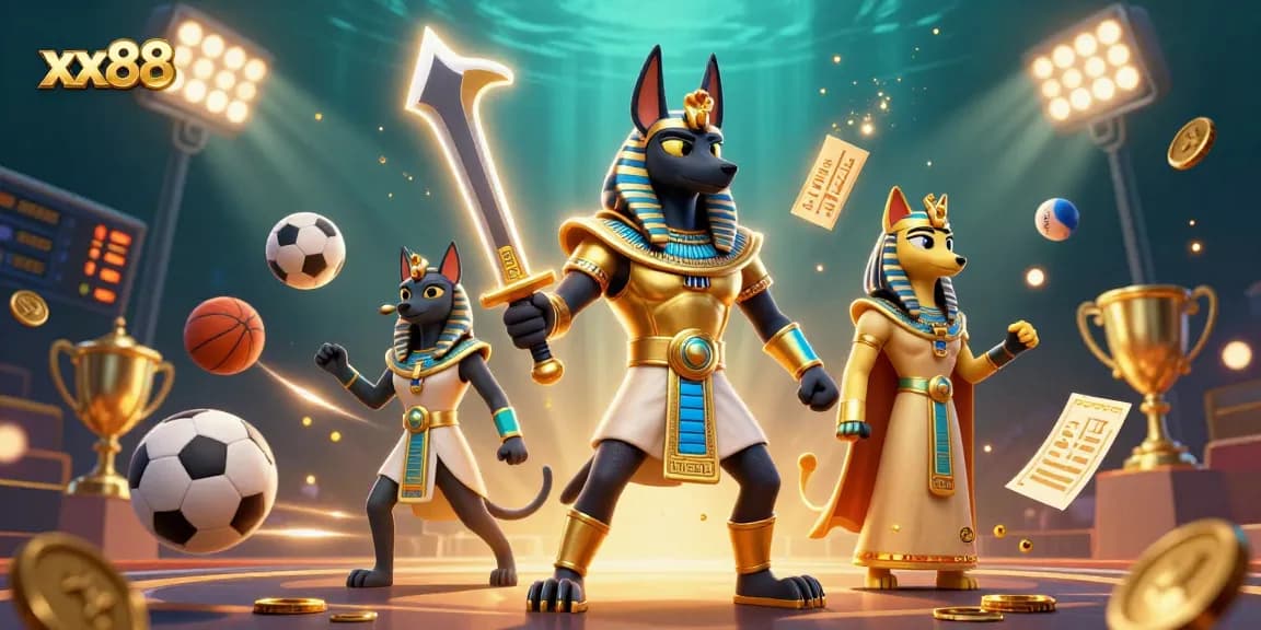 Experience the excitement of winning at xx88, featuring an ancient Egyptian warrior and a sacred cat amidst vibrant gaming elements.
