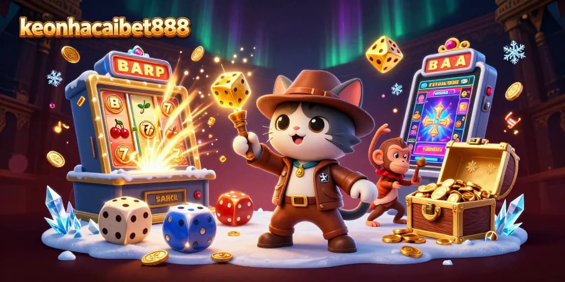Engage with keonhacaibet888's dynamic 3D scene showcasing rich casino elements and exciting treasures.