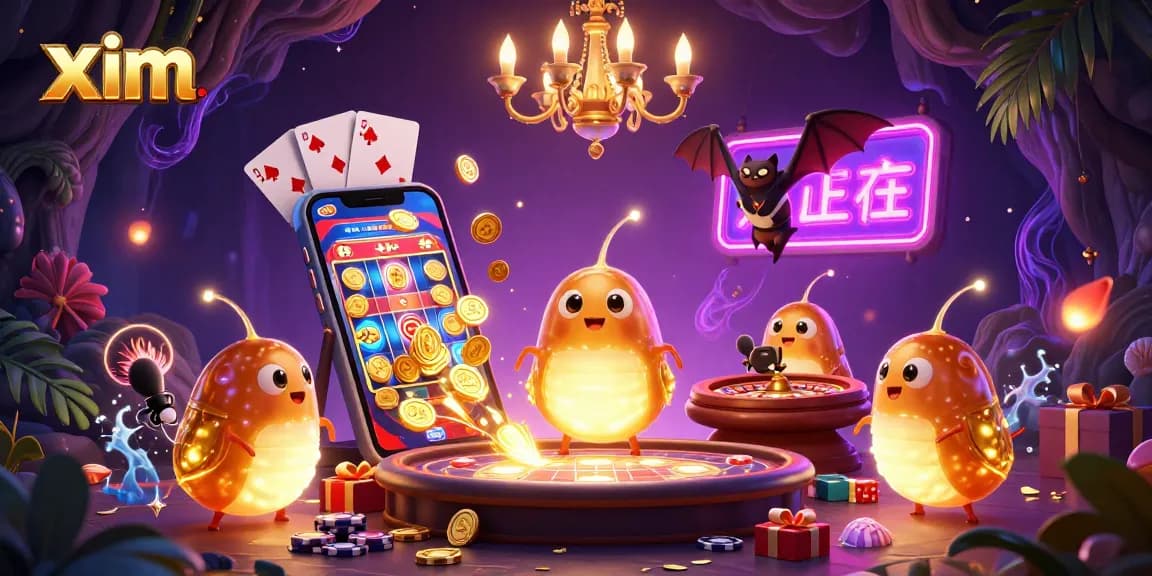 Experience the thrill of casino gaming with xim's vibrant glowworm-themed illustration showcasing slots and excitement.