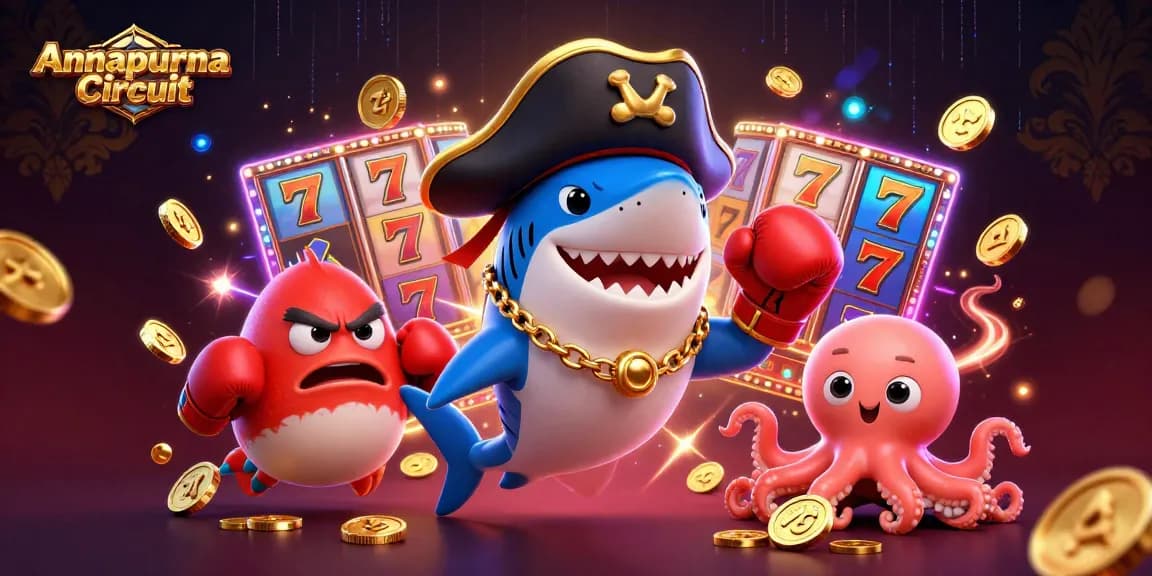 Annapurna Circuit showcasing a dynamic pirate shark, pufferfish, and octopus with casino elements.
