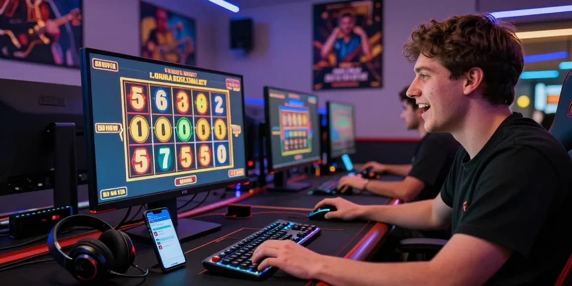 Playbook88 player enjoying high-stakes online slot gaming in an engaging, vibrant home gaming setup.