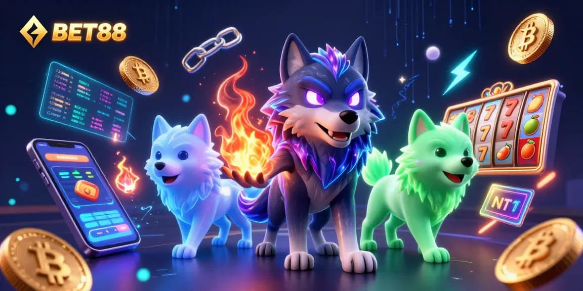Join the excitement of BET88, showcasing vibrant slot reels and dynamic casino action with ghostly wolves.